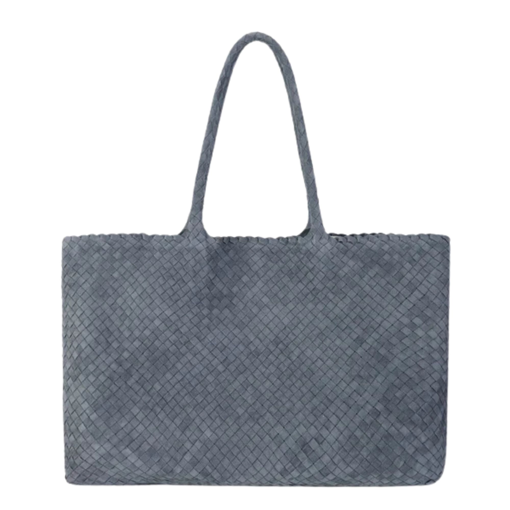 Woven Italian suede tote bag in navy blue with structured silhouette, magnetic closure, and soft texture